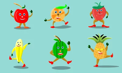 Fotobehang Six cute fruit characters. A fruit cartoon asset for a children's product making illustration. vector based design © Mukhamad