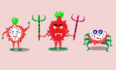 three cute fruit characters. Dragon fruit cartoon asset for children's learning.