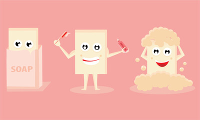 three cute soap characters. Soap cartoon asset for children's health product illustration. vector based design.