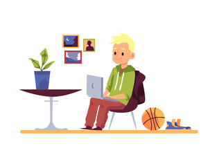 Schoolboy getting internet lessons via laptop flat vector illustration isolated.