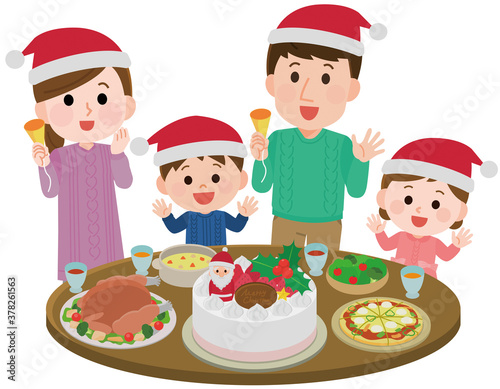 クリスマスパーティをする家族 ごちそう イラスト Boy Wall Mural B こけ田