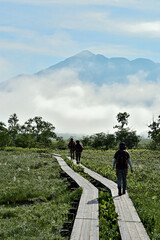 初夏の草原と山の自然風景