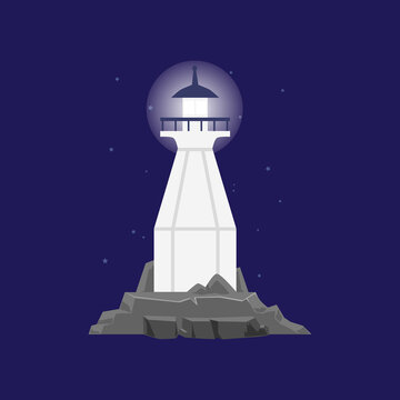 White sea lighthouse or beacon in night on seacoast flat vector illustration.