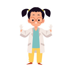 Girl playing doctor in medical coat and gloves flat vector illustration isolated.