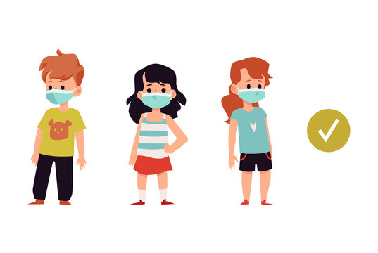 Children in masks to prevent influenza spread flat vector illustration isolated.