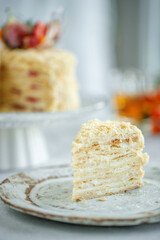 Napoleon cake. Beautiful cake with berries, classic pastries. High quality photo.