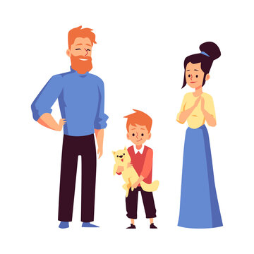 Family adopting pet from animal shelter flat vector illustration isolated.