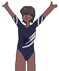 黒髪のフィニッシュポーズする体操選手