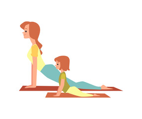 Mother and daughter do sport exercise together flat vector illustration isolated.