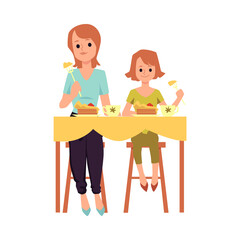 Joint meal of mother and daughter scene, flat vector illustration isolated.