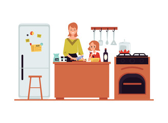 Mother and daughter cook together in kitchen, flat vector illustration isolated.
