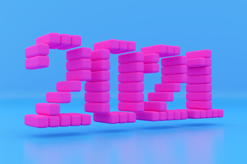 3D illustration inscription 2021 from small pink cubes on a blue isolated background. Illustration of the symbol of the new year.