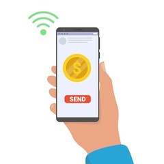 Online money transfer illustration. Send money low cost free concept. Vector flat illustration with hand holding smartphone. Online money, mobile payments for web page, banner and social media.