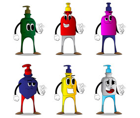 Cartoon bottle of hand sanitizer gel for hygiene with face saying no with his finger.