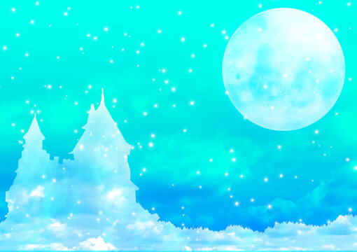 雪が降る満月の夜とお城