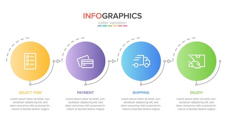 Concept of shopping process with 4 successive steps. Four colorful graphic elements. Timeline design for brochure, presentation, web site. Infographic design layout.