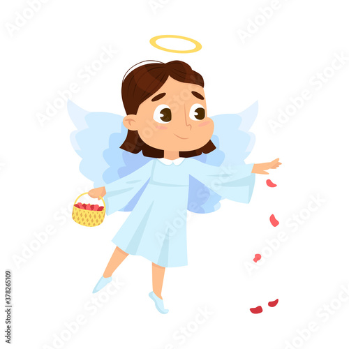 Cute Baby Angel With Basket Full Of Rose Petals Angelic Girl With Wings And Halo Cartoon Style Vector Illustration Wall Mural Topvectors Cute Baby Angel With Basket Full Of Rose Petals Angelic Girl With Wings And Halo Cartoon Style Vector Illustration Wall Mural Topvectors