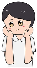 頬に手を当てる嬉しそうな黒髪の看護師