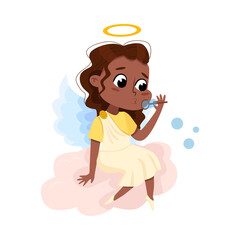 Cute Baby Angel Blowing Soap Bubbles while Sitting on Cloud, Angelic Girl with Wings and Halo Cartoon Style Vector Illustration