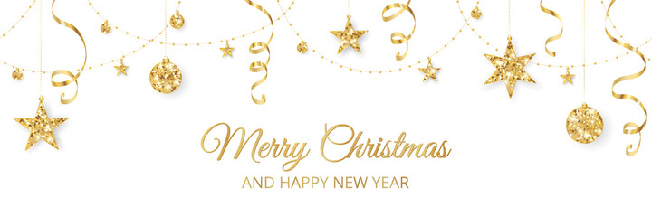 Christmas banner with golden glitter decoration. Holiday border, frame isolated on white. Festive vector background. Garland with stars, beads and streamers.