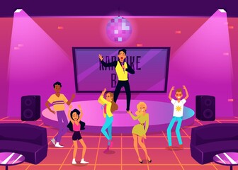 People having dance and music party in Karaoke bar flat vector illustration.