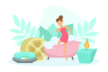 Young Woman Going to Take Bath Full of Soap Foam, Bath Time Concept Cartoon Style Vector Illustration