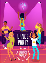 Poster for dance party with dancing people, flat cartoon vector illustration.