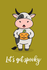 Cute Halloween greeting card with bull cow or ox, symbol of the year 2021 according to the Chinese calendar. Vector stock ready-to-print illustration for postcard, poster, template for social media.