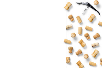 wine corks creative flat lay layout on a white backlit background. flatlay creative wine set with corks and corkscrew for design concept.