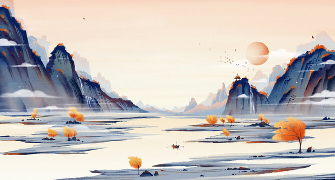 Colorful autumn ink landscape painting, classical traditional Oriental ink painting