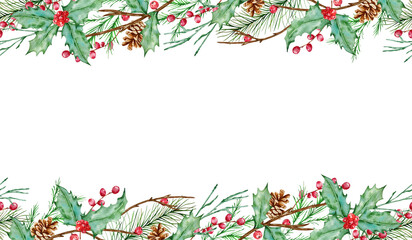 Watercolor Christmas wreath horizontal seamless composition