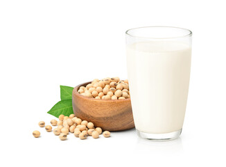Soy milk with soybeans in wooden bowl isolated on white background.