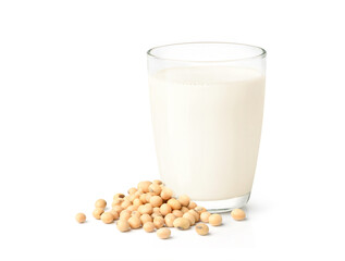 Glass of Soy milk with soybeans isolated on white background.