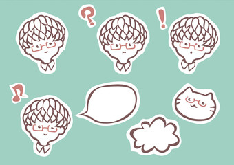 優しい眼鏡の男の子と猫　表情　アイコンセット　吹き出し　ほんわかする