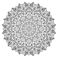 Circular pattern in form of mandala for Henna, Mehndi, tattoo, decoration. Beautiful relaxation black and white ornament. Coloring book page.	