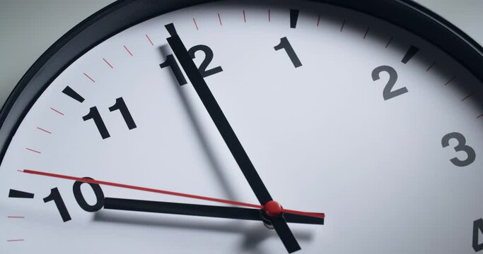 Closeup shot of a wall clock with hands moving in real time.