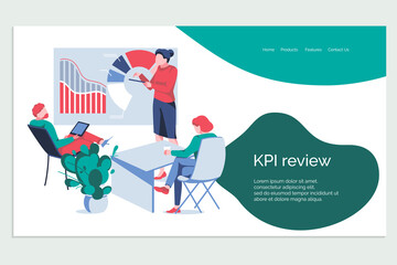 Kpi review banner template. Business team working together studying the infographic to measure achievement versus planned target. Key Performance Indicator concept flat vector illustration