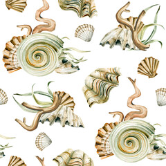 Watercolor underwater seamless pattern- hand painted oceanic shells, sea coral reef, seaweed. Undersea illustration perfect for fabric textile, prints, home interior, design, cards