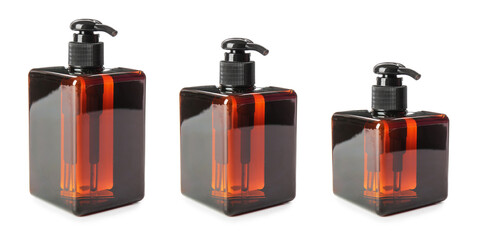 Shampoo in bottles of different sizes on white background