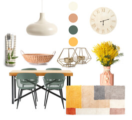 Elements of modern living room on white background. Different color patterns