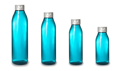 Plastic bottles of different sizes on white background