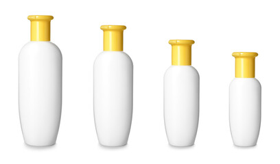 Plastic bottles of different sizes on white background