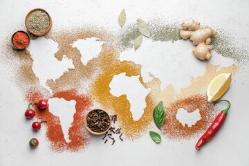 World map made of different spices on light background