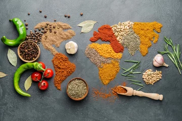 Photo sur Plexiglas Manger Carte du monde faite de différentes épices sur fond gris