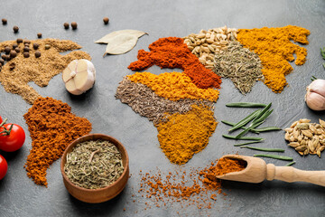 World map made of different spices on grey background