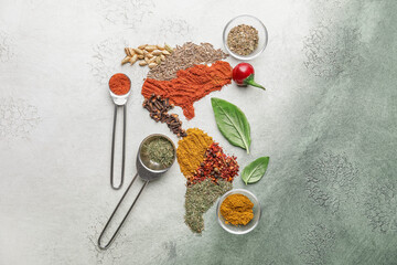 North and South America made of spices on color background