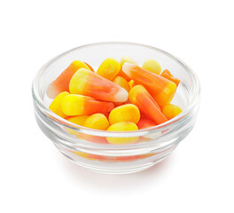 Fototapeta na wymiar Bowl with tasty candies for Halloween on white background
