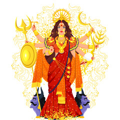 Hindu Mythology Goddess Durga Maa with Mahishasura Face and Yellow Noise Grunge Effect on Line Art Lion Pattern Background.