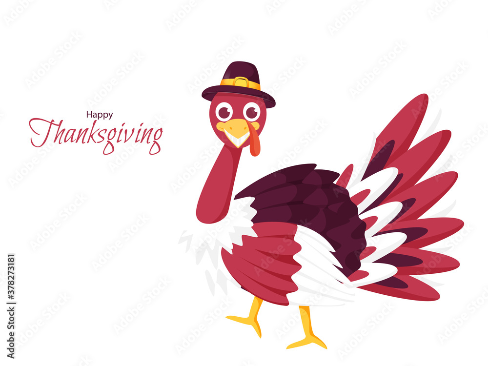 Sticker illustration of cartoon turkey bird standing on white background for happy thanksgiving concept.