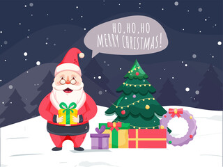 Illustration of Santa Claus Saying HO, HO, HO Merry Christmas with Gift Boxes, Wreath and Decorative Xmas Tree on Snow Falling Background.